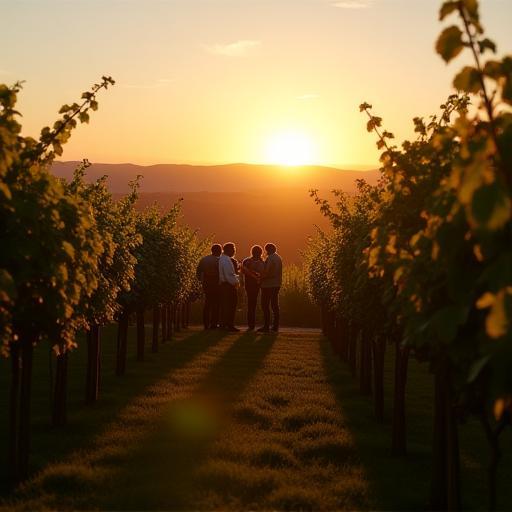 Evento al aire libre en un viñedo al atardecer